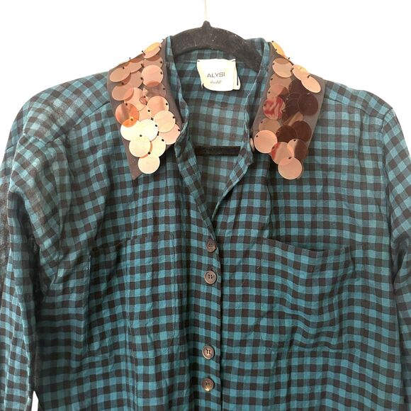 ALYSI Checkered Tunic Sequin Collar Teal Sz 4 - Picture 2 of 4